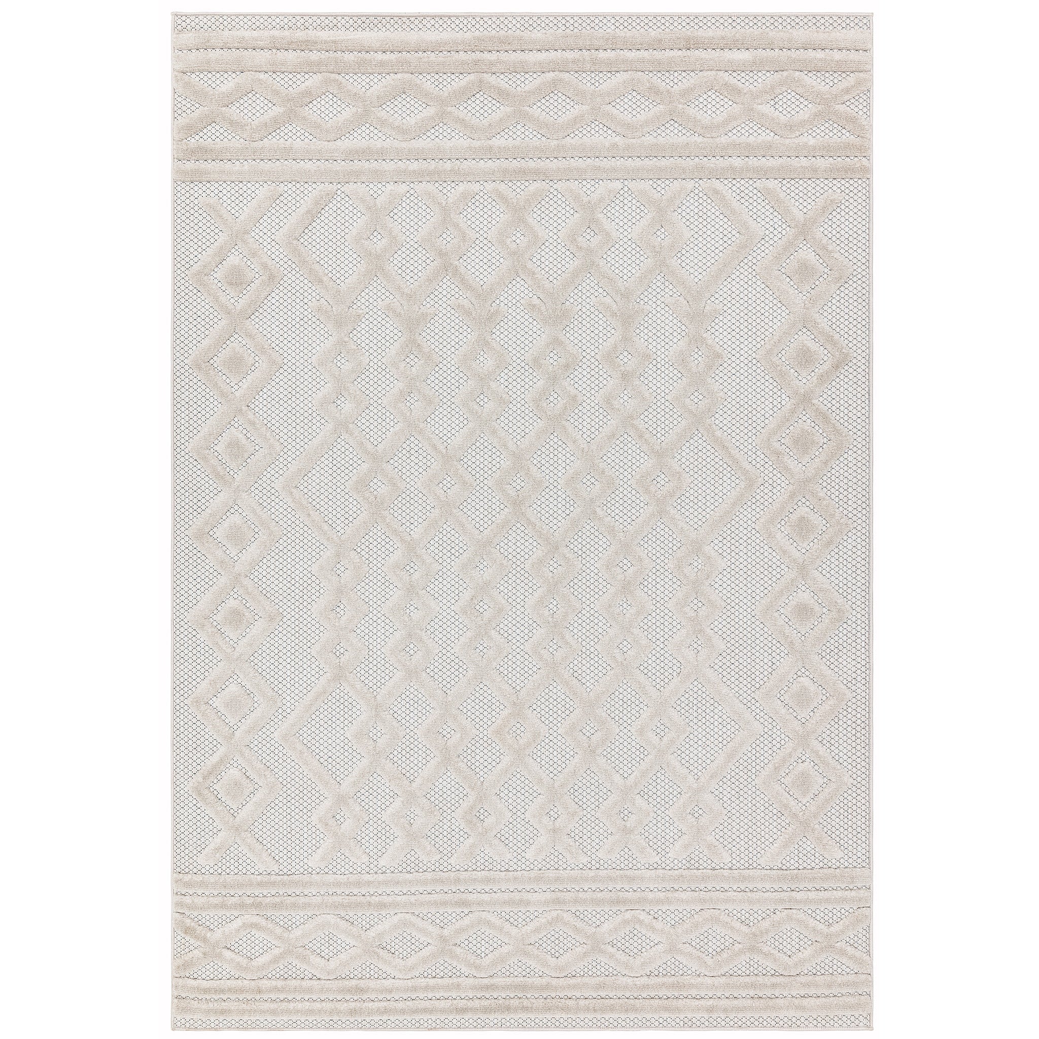 Modern style Ivory colour rug with an eye catching 3D design in a geometric pattern, suitable for both indoor and outdoor use. Made from Polypropylene yarns. Size Large. Pile Height 2-11mm Dimensions: 1600 x 2300 mm Machine woven in Turkey Delivery: 5-7 days